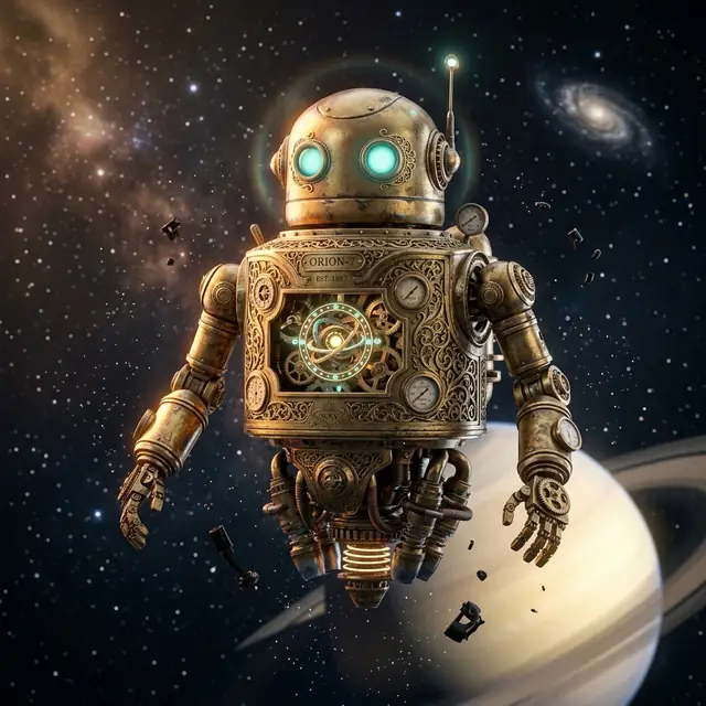 Orion-7, an antique brass astrolabe robot with glowing eyes